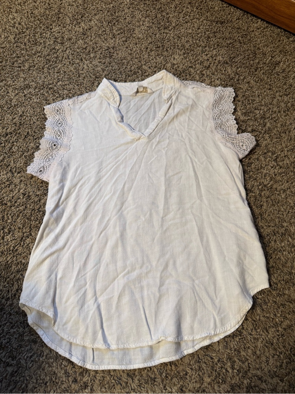 Amaryllis White Lace Cap-Sleeve V-Neck Blouse - Picture 1 of 2
